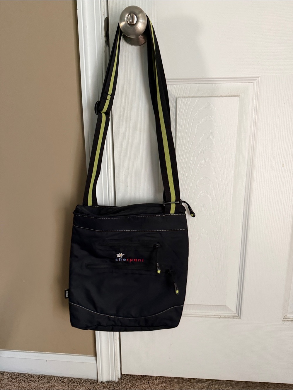 Sherpani Black Messenger Bag with Lime-Accent Strap